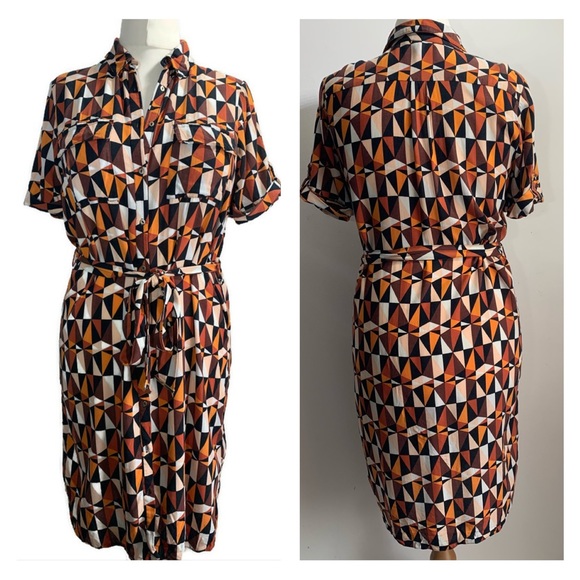 Dorothy Perkins Dresses & Skirts - Dorothy Perkins Shirt Dress Orange Black Geometric Print Belted Rolled Sleeve 12